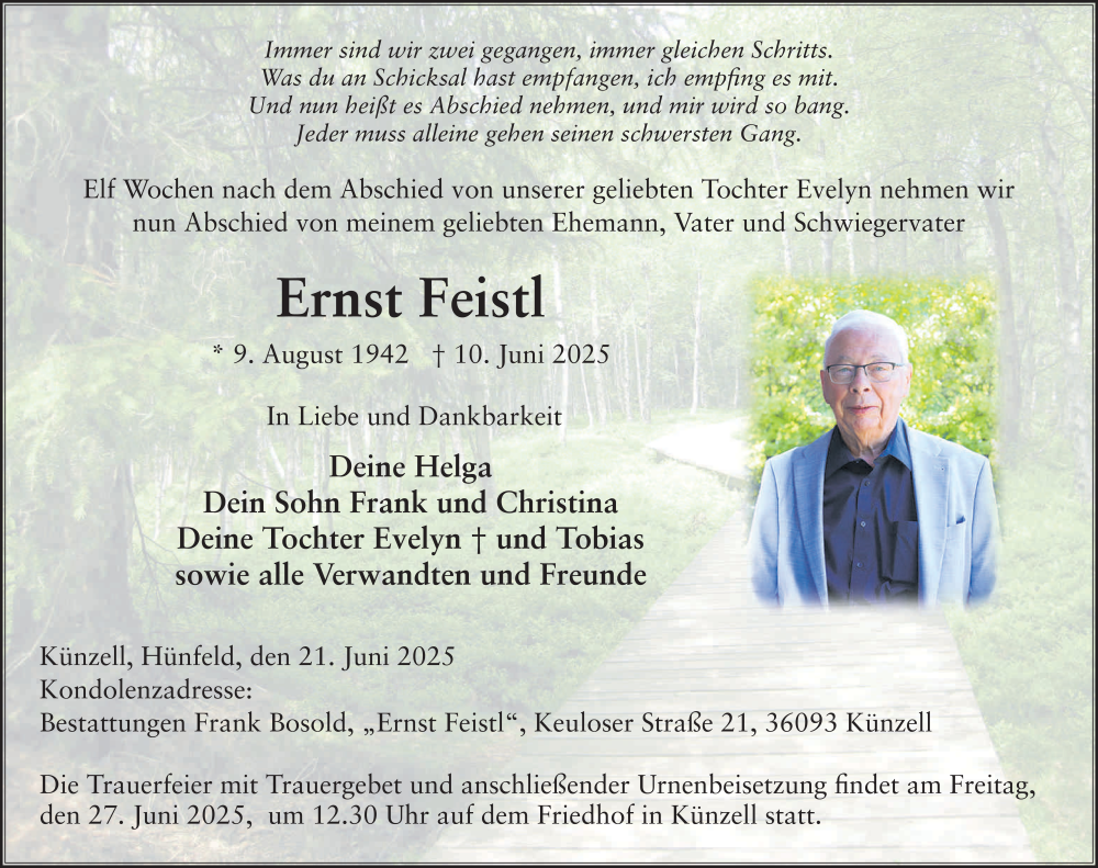  Traueranzeige für Ernst Feistl vom 21.06.2025 aus FZ