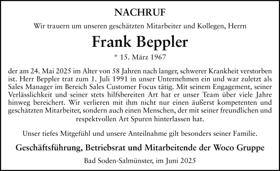 Traueranzeige von Frank Beppler von FZ