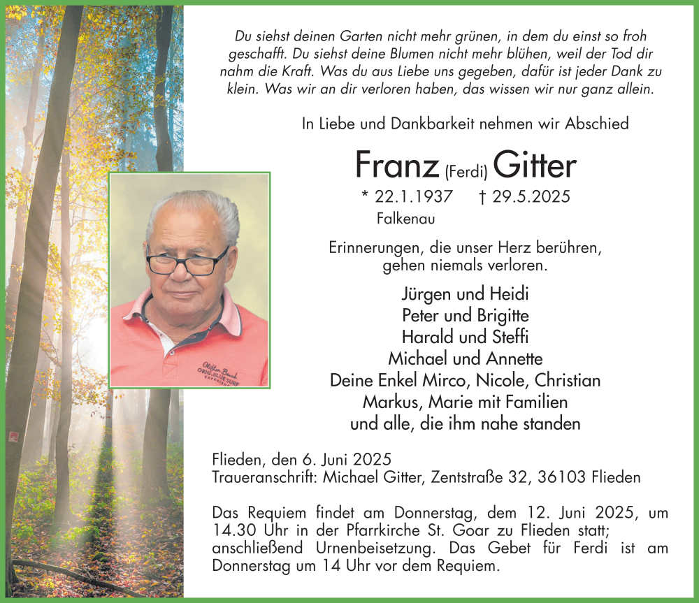  Traueranzeige für Franz Gitter vom 06.06.2025 aus FZ