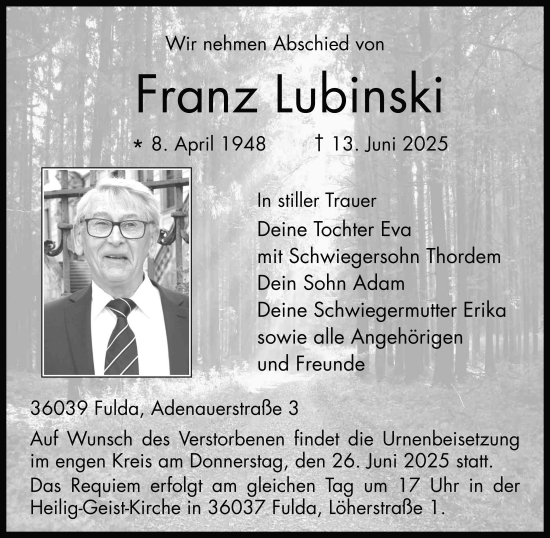 Traueranzeige von Franz Lubinski von FZ