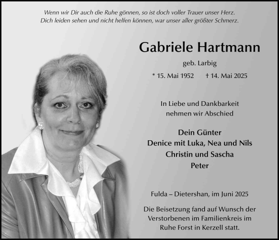 Traueranzeige von Gabriele Hartmann von FZ