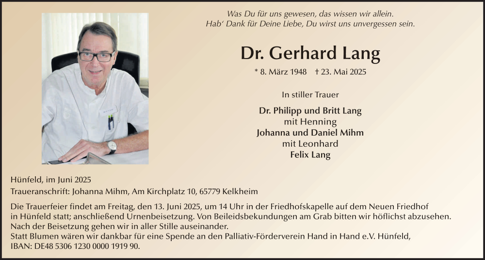  Traueranzeige für Gerhard Lang vom 07.06.2025 aus FZ