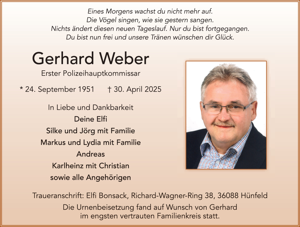 Traueranzeige für Gerhard Weber vom 02.06.2025 aus FZ