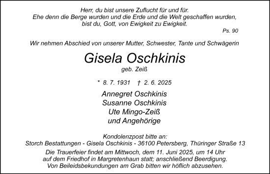 Traueranzeige von Gisela Oschkinis von FZ