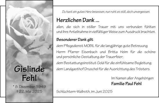 Traueranzeige von Gislinde Fehl von FZ