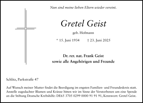 Traueranzeige von Gretel Geist von FZ