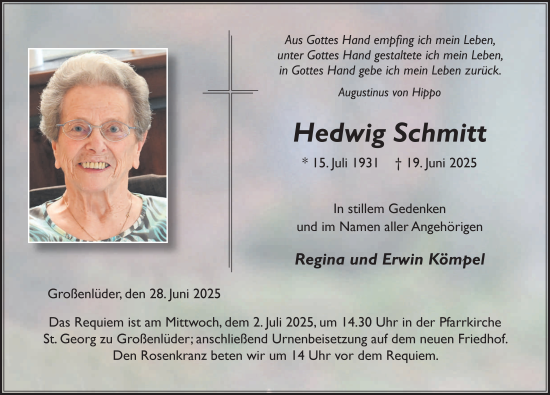 Traueranzeige von Hedwig Schmitt von FZ