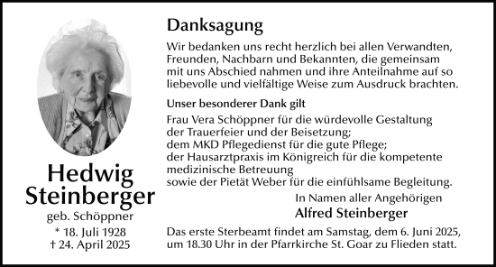 Traueranzeige von Hedwig Steinberger von FZ