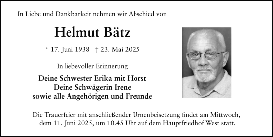 Traueranzeige von Helmut Bätz von FZ