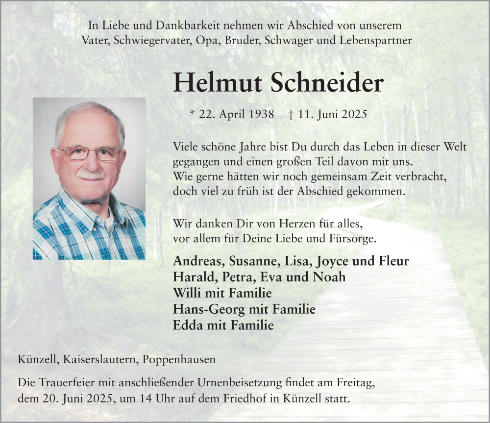  Traueranzeige für Helmut Schneider vom 17.06.2025 aus FZ