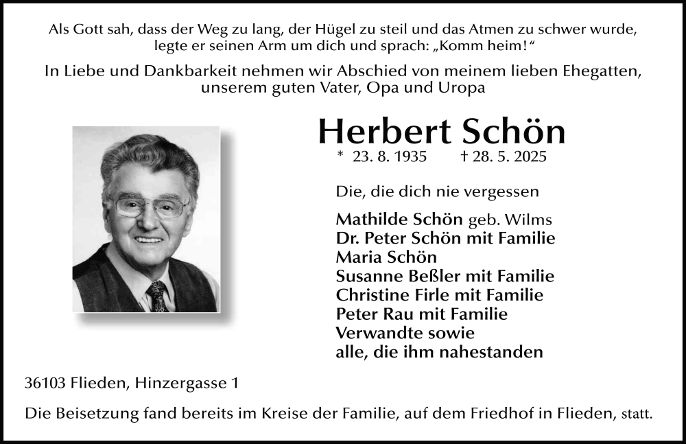  Traueranzeige für Herbert Schön vom 27.06.2025 aus FZ