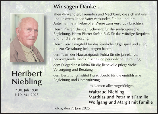 Traueranzeige von Heribert Niebling von FZ