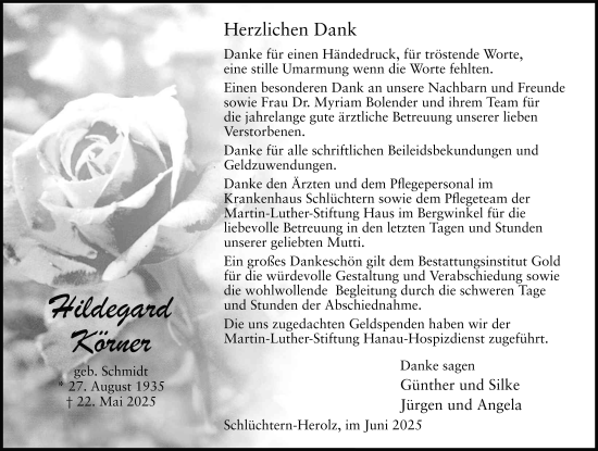 Traueranzeige von Hildegard Körner von FZ