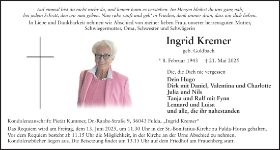 Traueranzeige von Ingrid Kremer von FZ