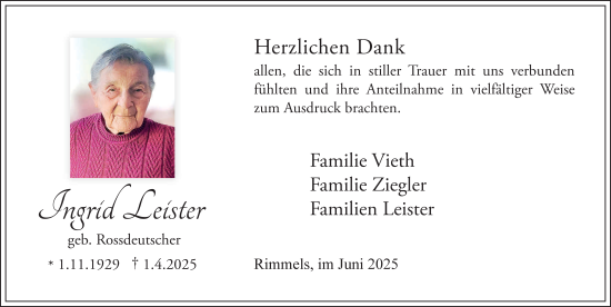 Traueranzeige von Ingrid Leister von FZ
