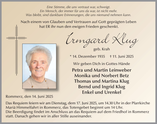 Traueranzeige von Irmgard Klug von FZ