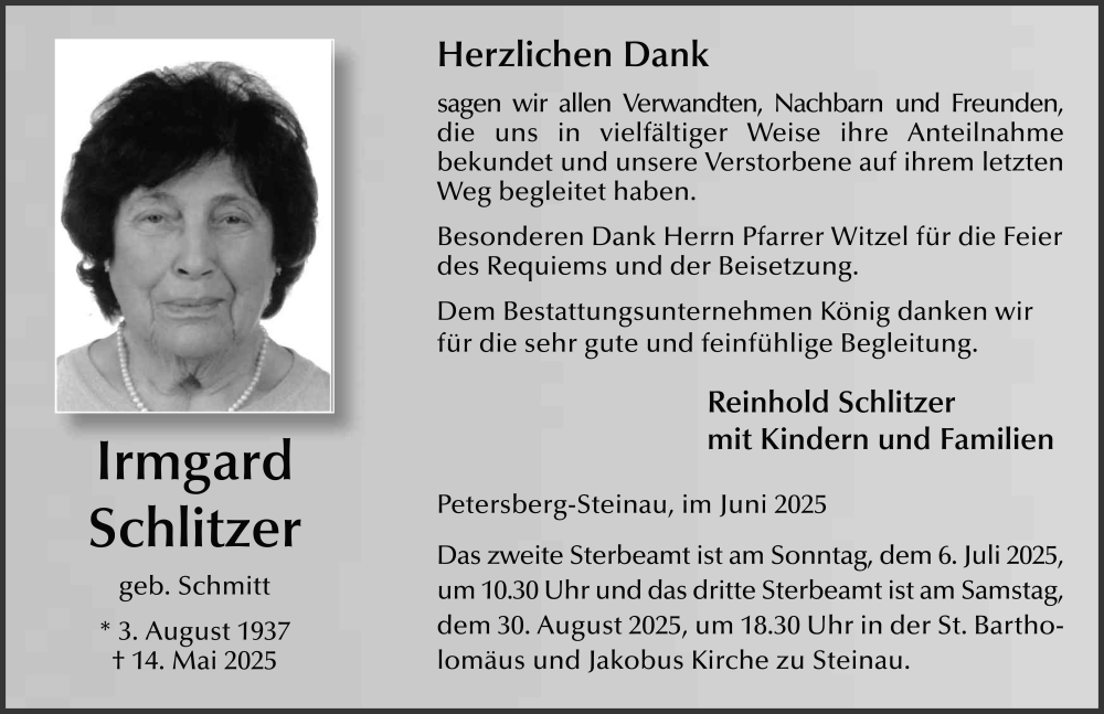  Traueranzeige für Irmgard Schlitzer vom 14.06.2025 aus FZ