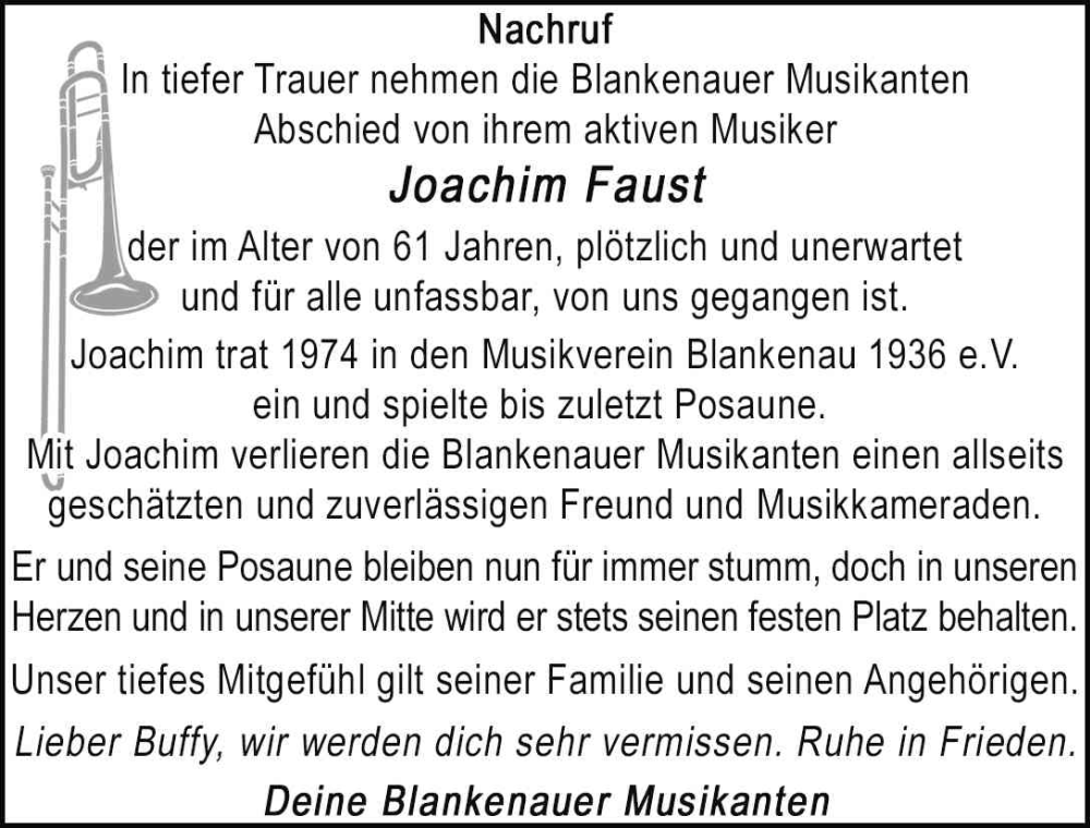  Traueranzeige für Joachim Faust vom 18.06.2025 aus FZ