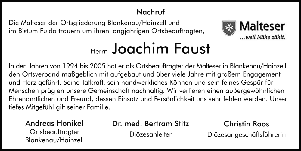  Traueranzeige für Joachim Faust vom 18.06.2025 aus FZ