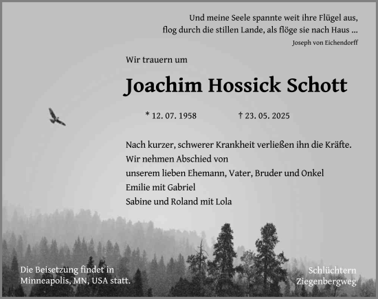 Traueranzeige von Joachim Hossick Schott von FZ