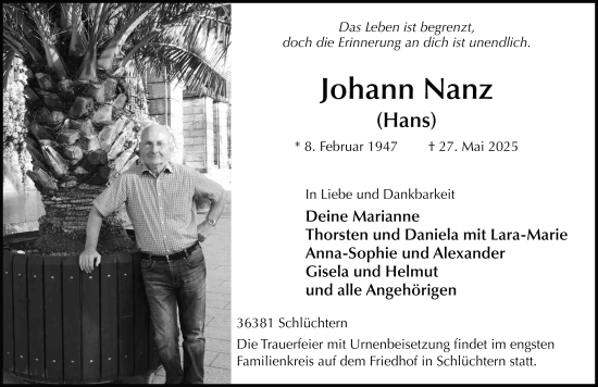 Traueranzeige von Johann Nanz von FZ