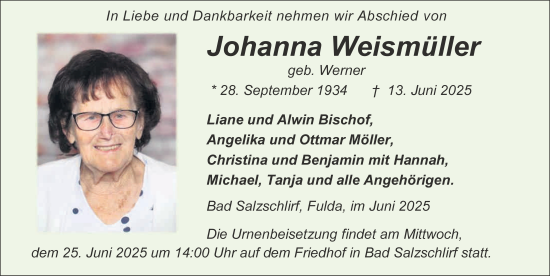Traueranzeige von Johanna Weismüller von FZ