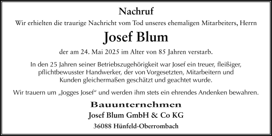Traueranzeige von Josef Blum von FZ