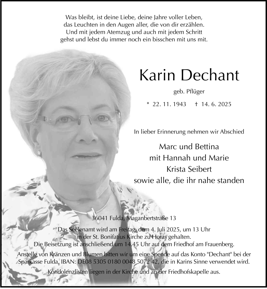  Traueranzeige für Karin Dechant vom 21.06.2025 aus FZ