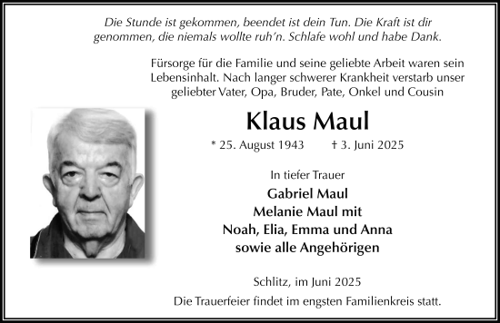 Traueranzeige von Klaus Maul von FZ
