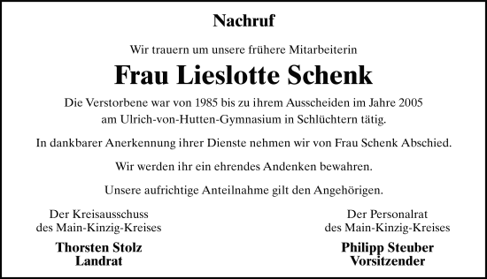 Traueranzeige von Lieslotte Schenk von FZ