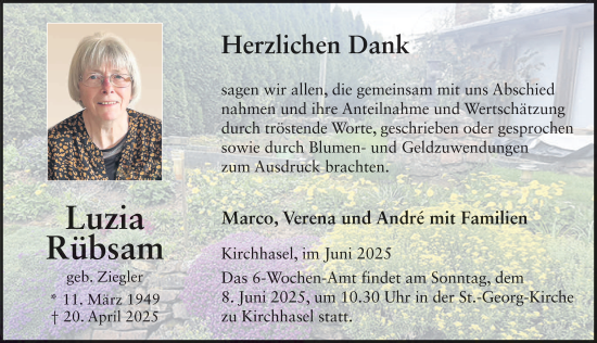 Traueranzeige von Luzia Rübsam von FZ