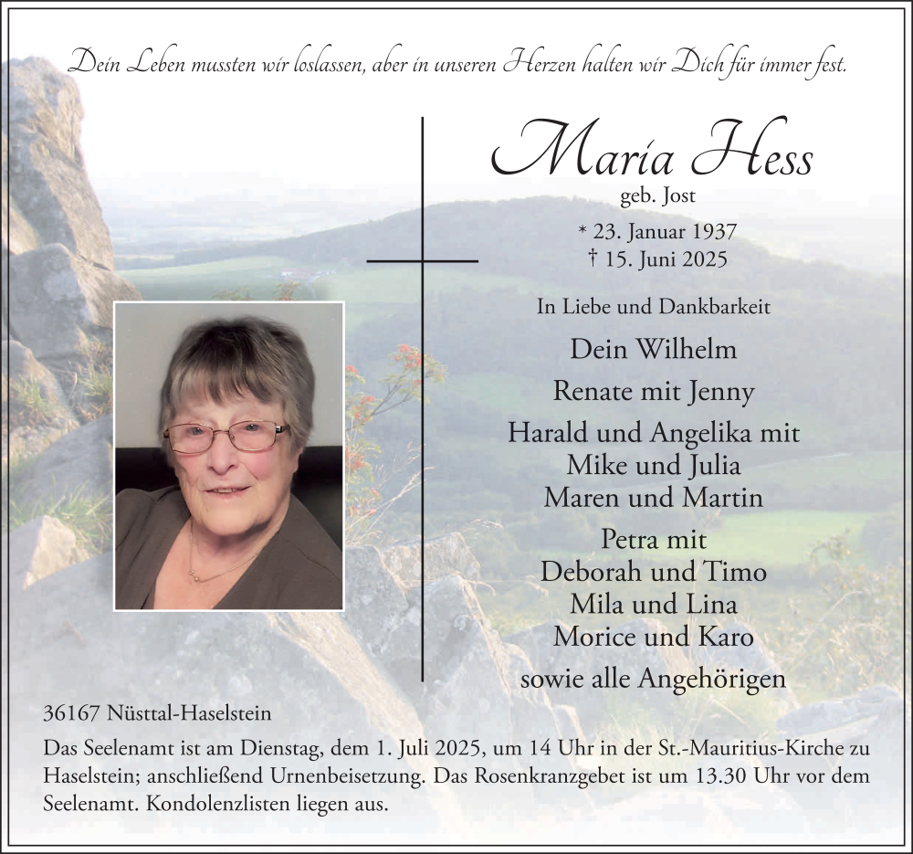  Traueranzeige für Maria Hess vom 23.06.2025 aus FZ