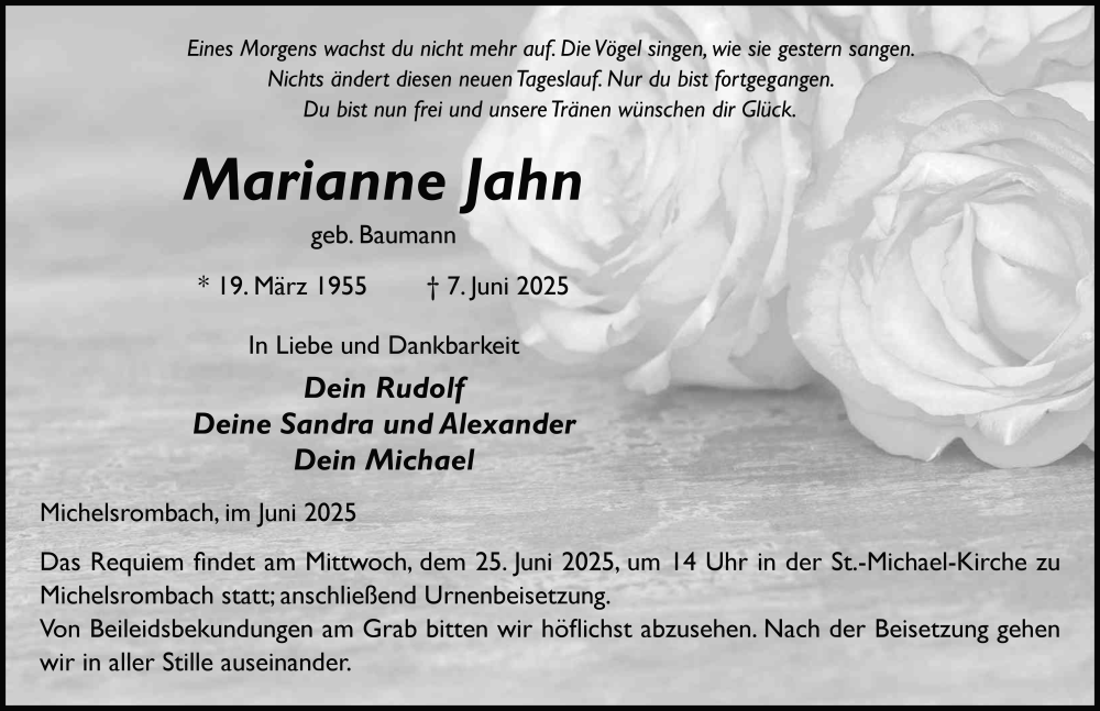  Traueranzeige für Marianne Jahn vom 23.06.2025 aus FZ