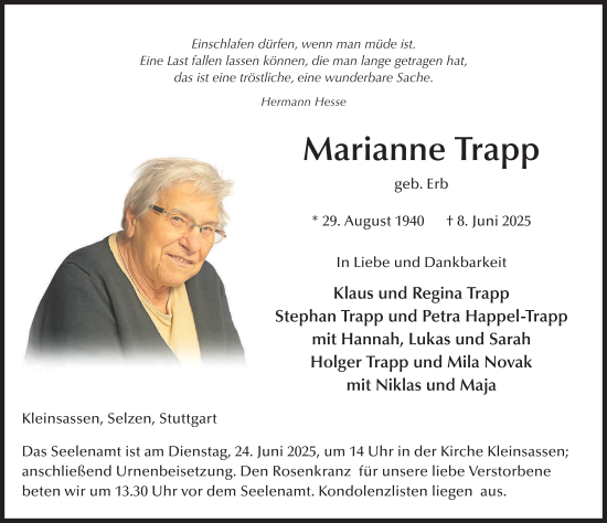 Traueranzeige von Marianne Trapp von FZ