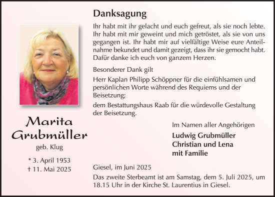 Traueranzeige von Marita Grubmüller von FZ