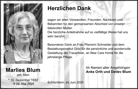 Traueranzeige von Marlies Blum von FZ
