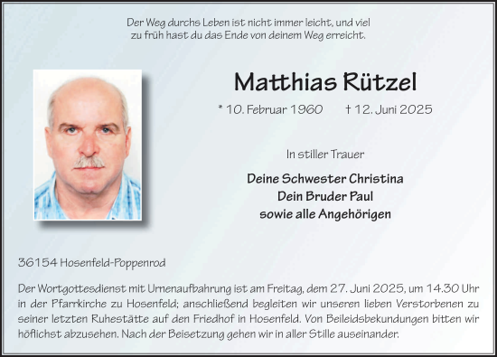 Traueranzeige von Matthias Rützel von FZ