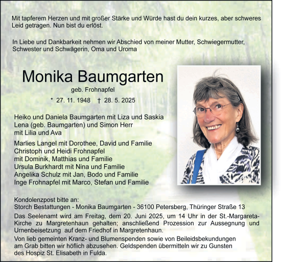Traueranzeige von Monika Baumgarten von FZ