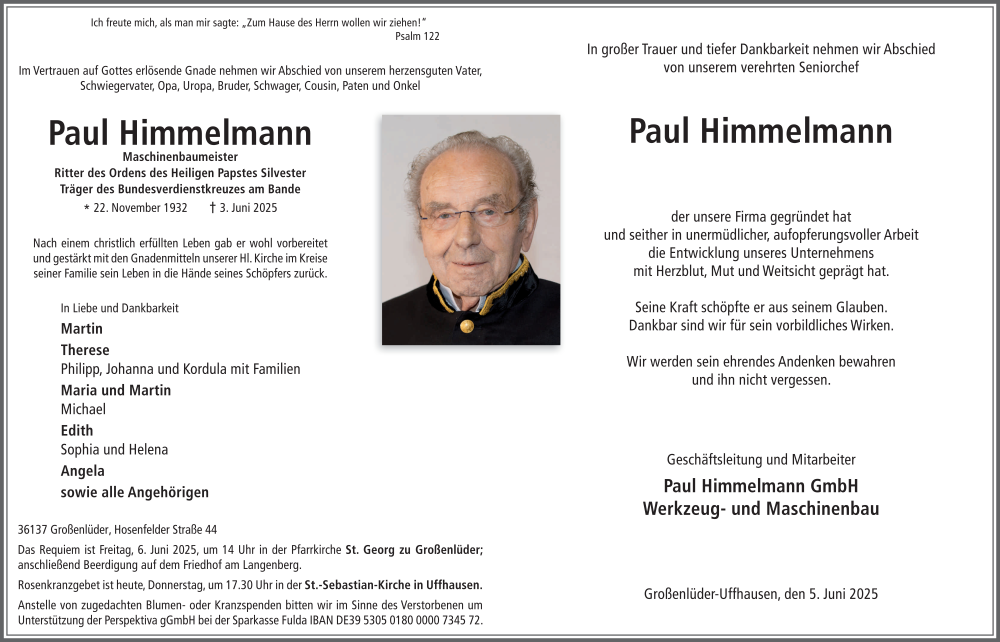  Traueranzeige für Paul Himmelmann vom 05.06.2025 aus FZ