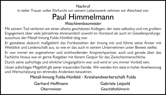 Traueranzeige von Paul Himmelmann von FZ