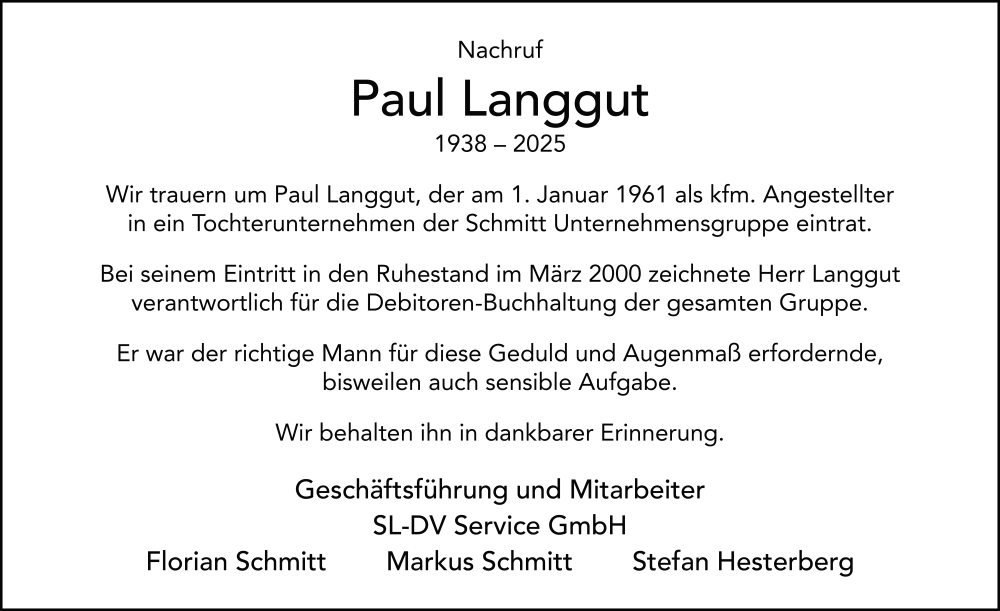  Traueranzeige für Paul Langgut vom 11.06.2025 aus FZ