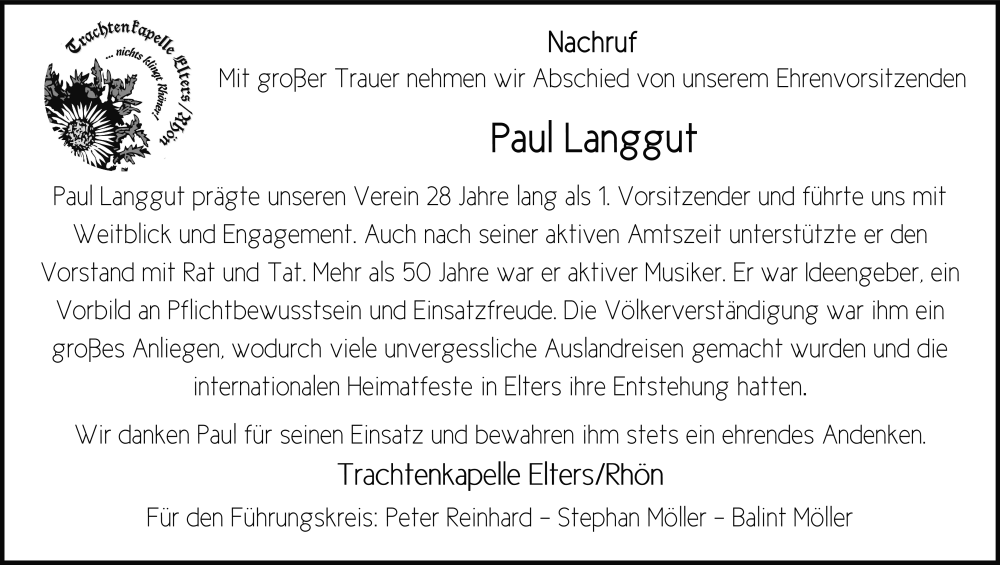  Traueranzeige für Paul Langgut vom 11.06.2025 aus FZ