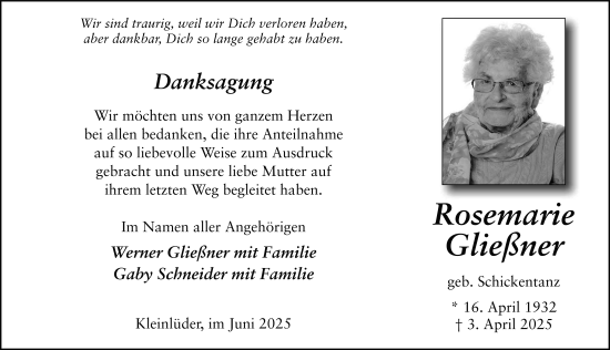 Traueranzeige von Rosemarie Gließner von FZ