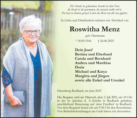 Traueranzeige von Roswitha Menz von FZ