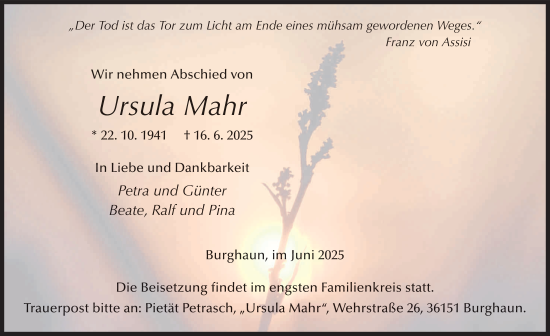 Traueranzeige von Ursula Mahr von FZ