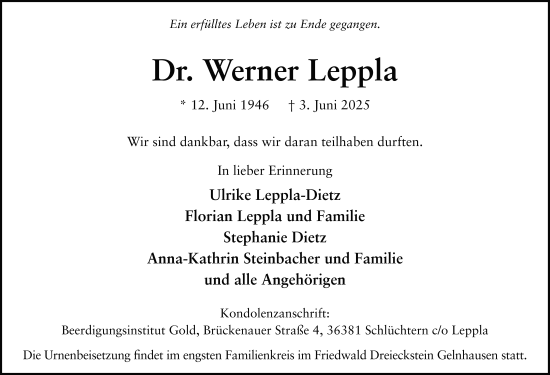 Traueranzeige von Werne Leppla von FZ