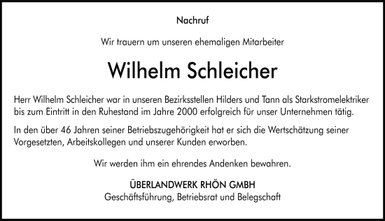 Traueranzeige von Wilhelm Christian Schleicher von FZ