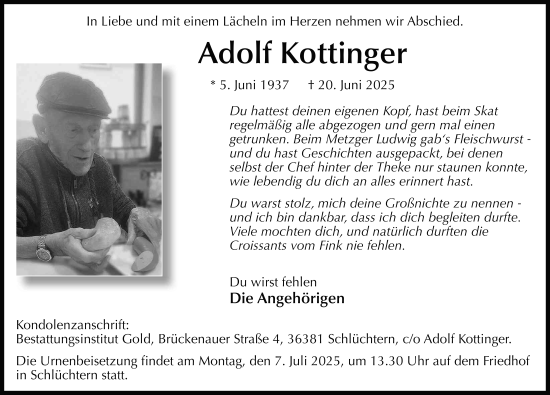 Traueranzeige von Adolf Kottinger von FZ