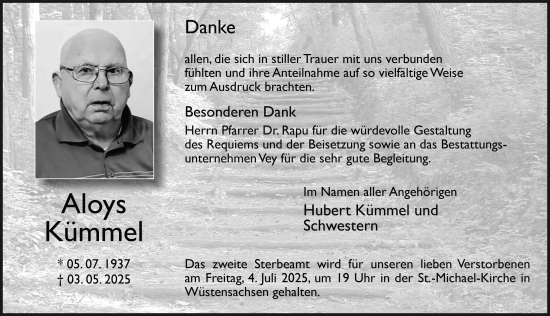 Traueranzeige von Aloys Kümmel von FZ