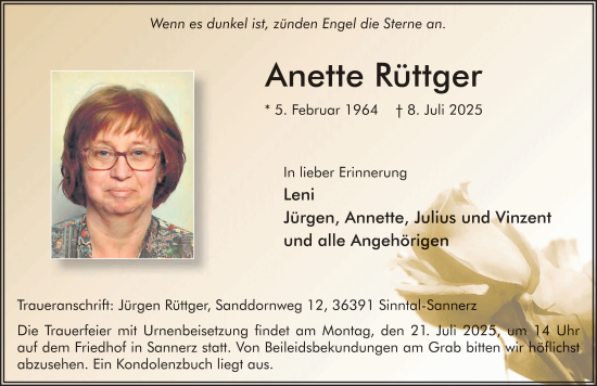 Traueranzeige von Anette Rüttger von FZ